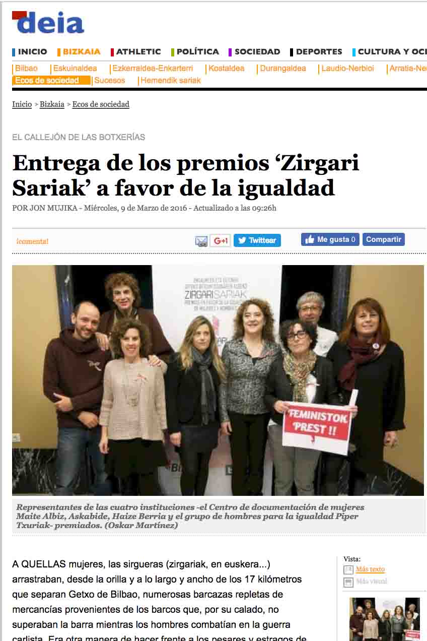 "Entrega de los premios Zirgari Sariak a favor de la igualdad", Periódico Deia
