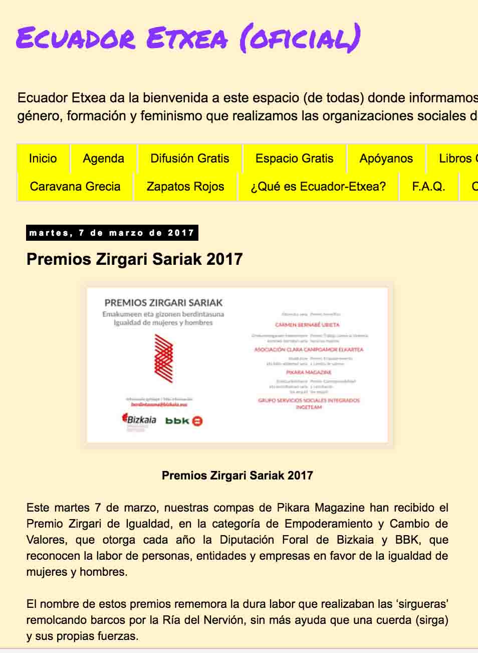 "Premios Zirgari Sariak", Ecuador Etxea