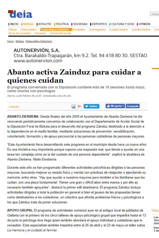 Abanto activa Zainduz para cuidar a quienes cuidan