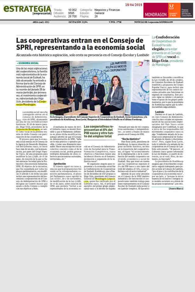 Las cooperativas entran en el Consejo de SPRI, representando a la economía social