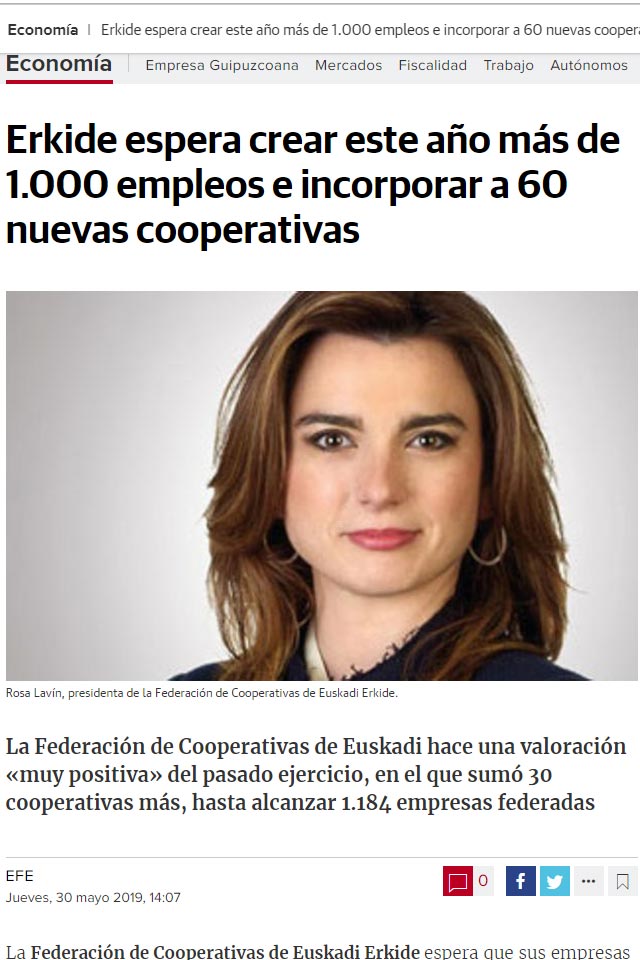 Rosa Lavín es nombrada presidenta de la Federación de Cooperativas de Euskadi ERKIDE – Euskadiko Koperatiben Federazioa.