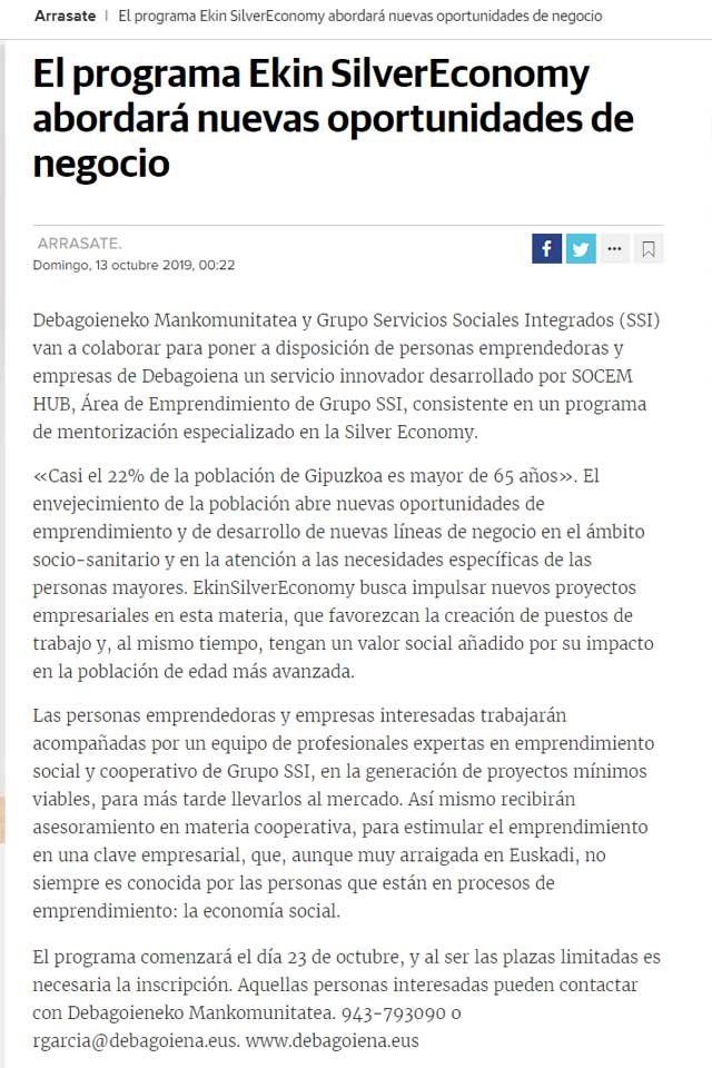El programa EkinSilverEconomy abordará las nuevas oportunidades de negocio para empresas de la Mancomunidad de Debagoiena.