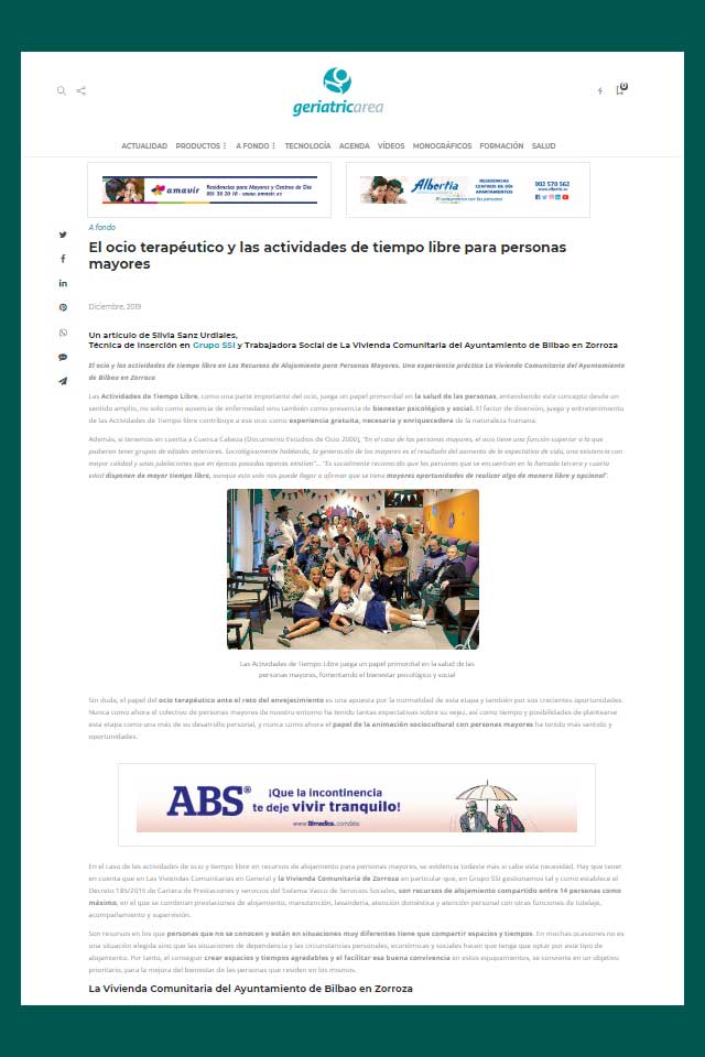 El ocio y las actividades de tiempo libre en Los Recursos de Alojamiento para Personas Mayores.
