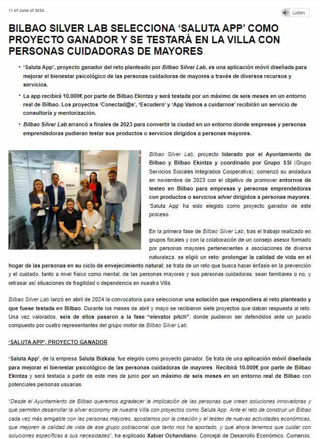 Saluta APP, proyecto ganador Bilbao Silver Lab