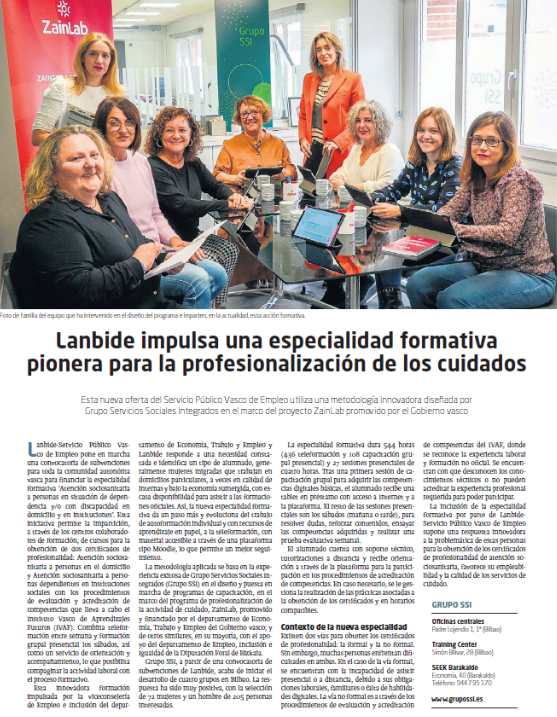Lanbide impulsa una especialidad formativa pionera para la profesionalización de los cuidados