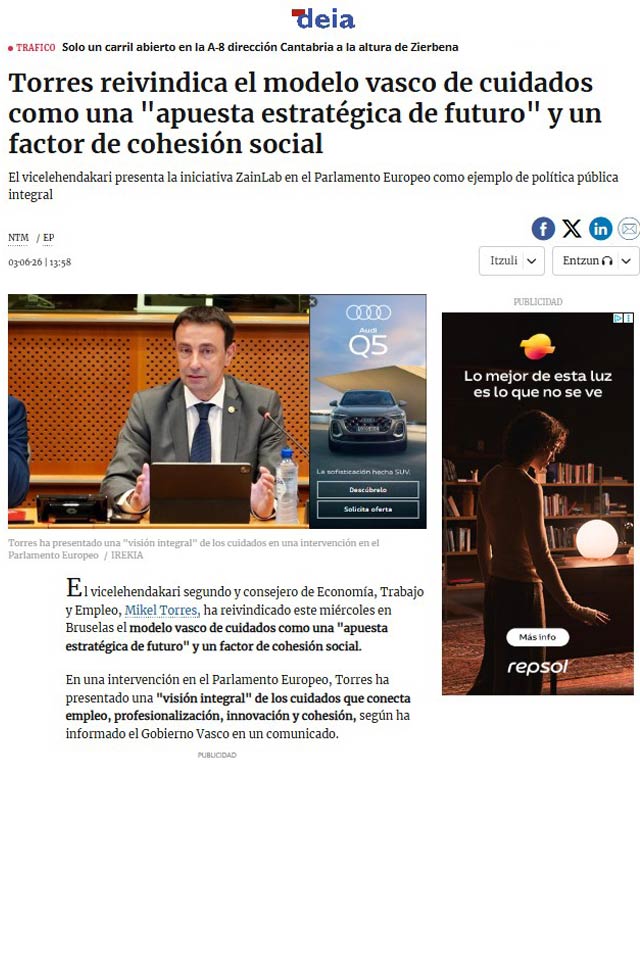 ZainLab lleva al Parlamento Europeo la experiencia vasca en empleo, capacitación y cuidados